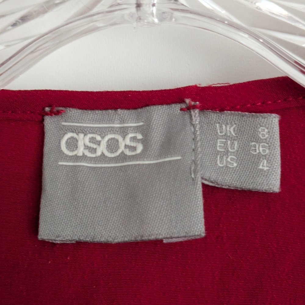 ASOS Red Deep Plunge Peplum Top, Size 4 Long Sleeve, Ruching Waist, V Neck - Picture 9 of 11